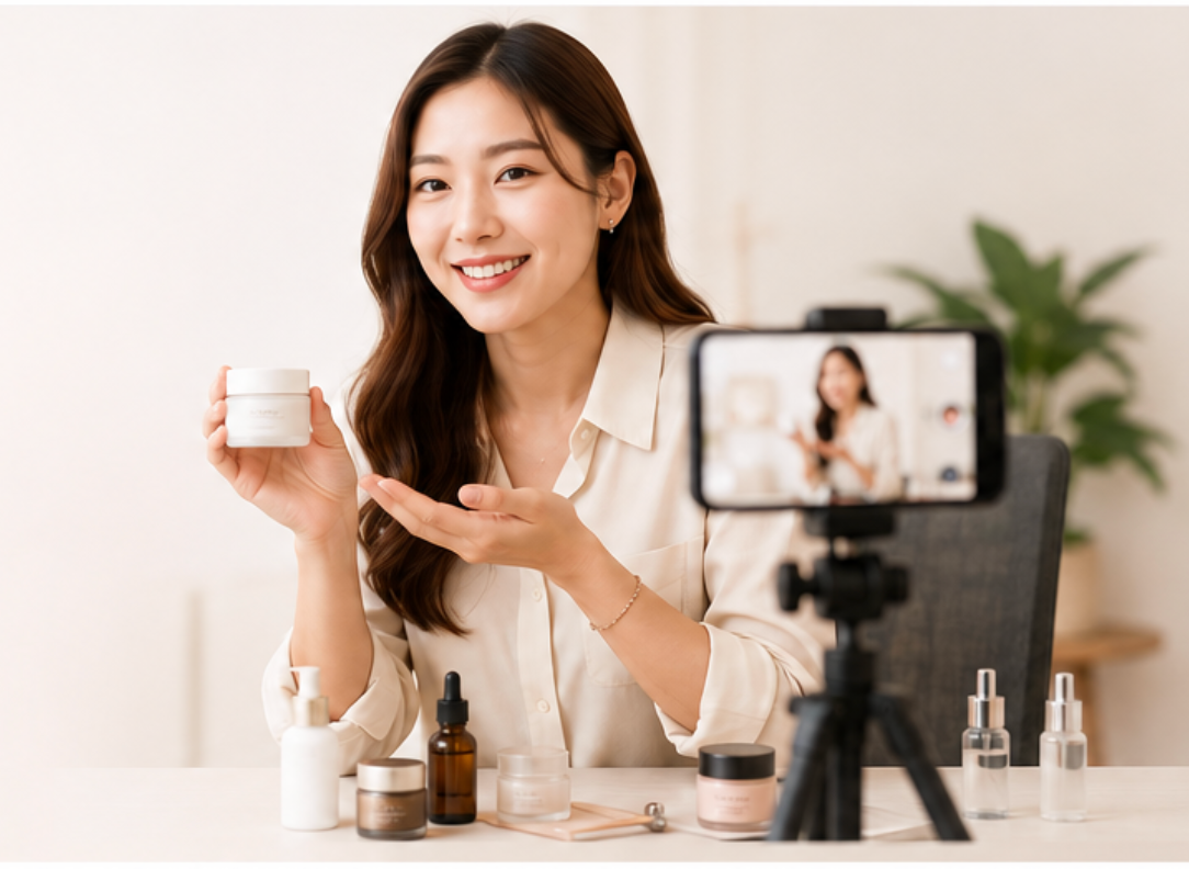 K-beauty creator presenting a cosmetic product